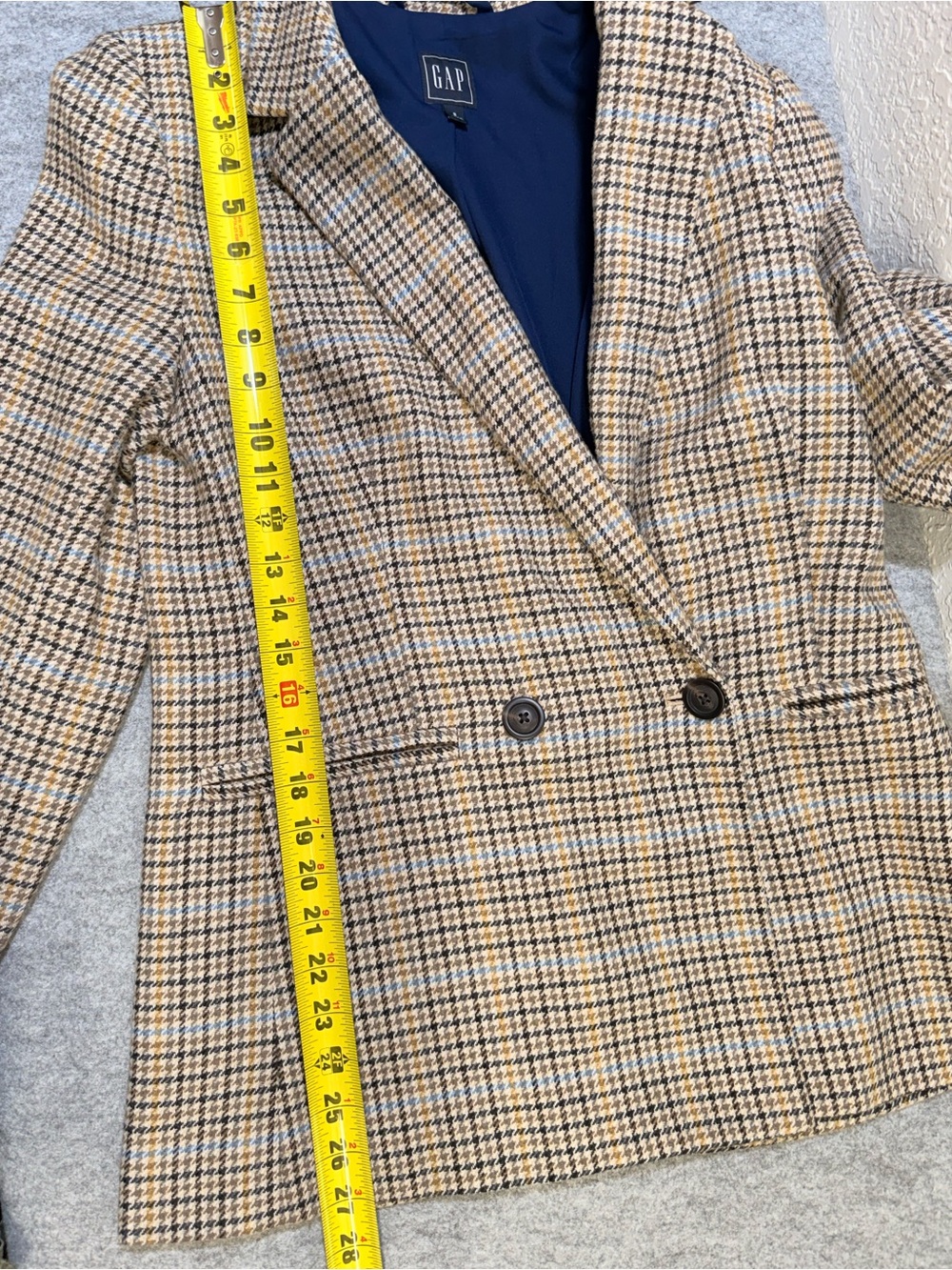 GAP Double Breasted Plaid Blazer Size 8 Wool Blend Houndstooth Blue Lined - Picture 7 of 11